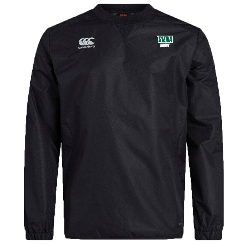 The Siena College Club Vaposhield Contact Top by EMB Canterbury is a black long-sleeve rugby jacket featuring the "Canterbury" logo on the left and the "Siena Rugby" emblem on the right chest, made with Micro Diamond ripstop fabric and VapoShield for durability and water resistance.