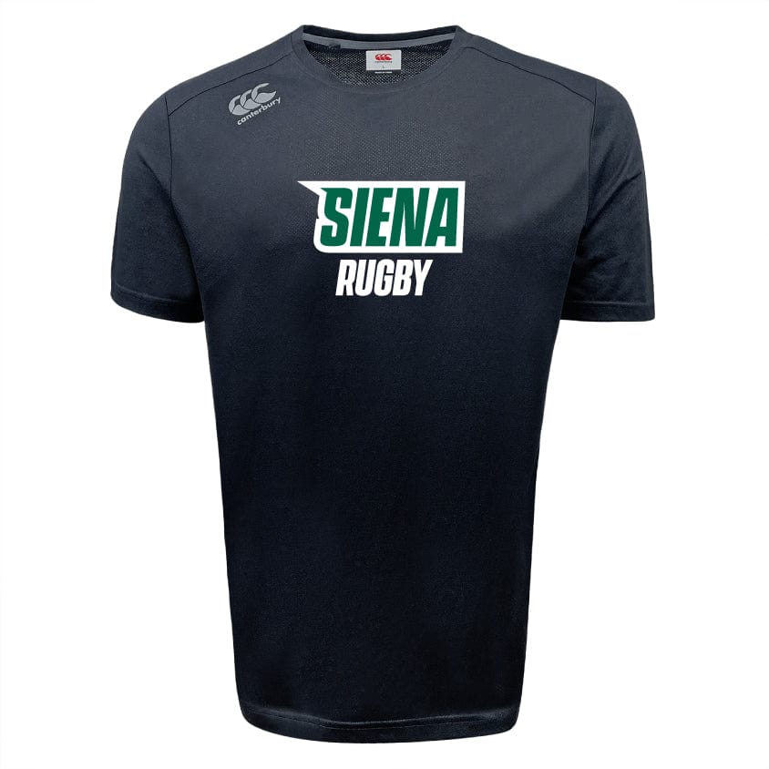 The Siena College Tempo VapoDri T-Shirt by WRS Canterbury features "Siena Rugby" in white and green on a black fabric, CCC branding on the shoulder, and uses VapoDri technology for optimal moisture-wicking, making it ideal for casual outings or intense workouts.