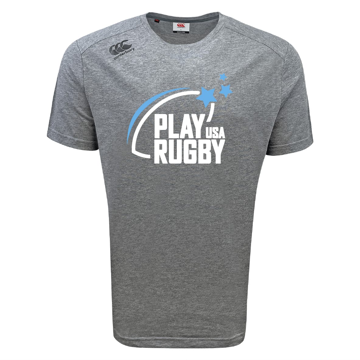 The Play Rugby USA Tempo Vapodri T-Shirt by WRS Canterbury features "PLAY RUGBY USA" text, a blue front graphic, and Canterbury logo on the shoulder—designed for athletic performance, comfort, and style.