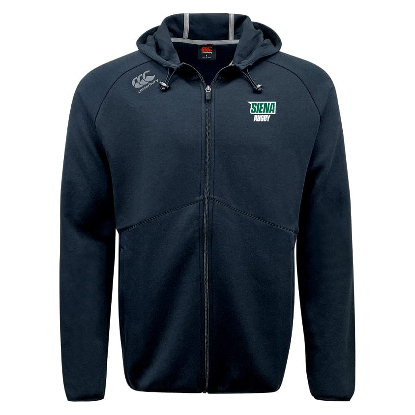 The Siena College Tempo Vapodri Full-Zip Hoodie by EMB Canterbury has the "Siena Rugby" logo on the left chest, a white emblem on the right shoulder, moisture-wicking VapoDri tech, Canterbury branding, a front zipper, and a drawstring hood for superior comfort.