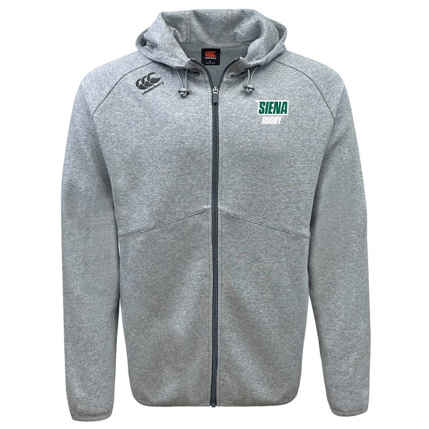 The Siena College Tempo Vapodri Full-Zip Hoodie by EMB Canterbury is a gray hoodie featuring a hood, adjustable drawstrings, "Siena Rugby" logo on the chest, a small emblem on the shoulder, and Canterbury branding. It uses VapoDri technology for moisture-wicking comfort.