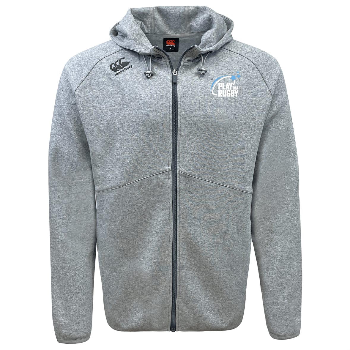 The Play Rugby USA Tempo Vapodri Full-Zip Hoodie by EMB Canterbury features a "Play Rugby" logo on the left chest, moisture-wicking VapoDri fabric, two front pockets, and a light gray full-zip design for comfort.