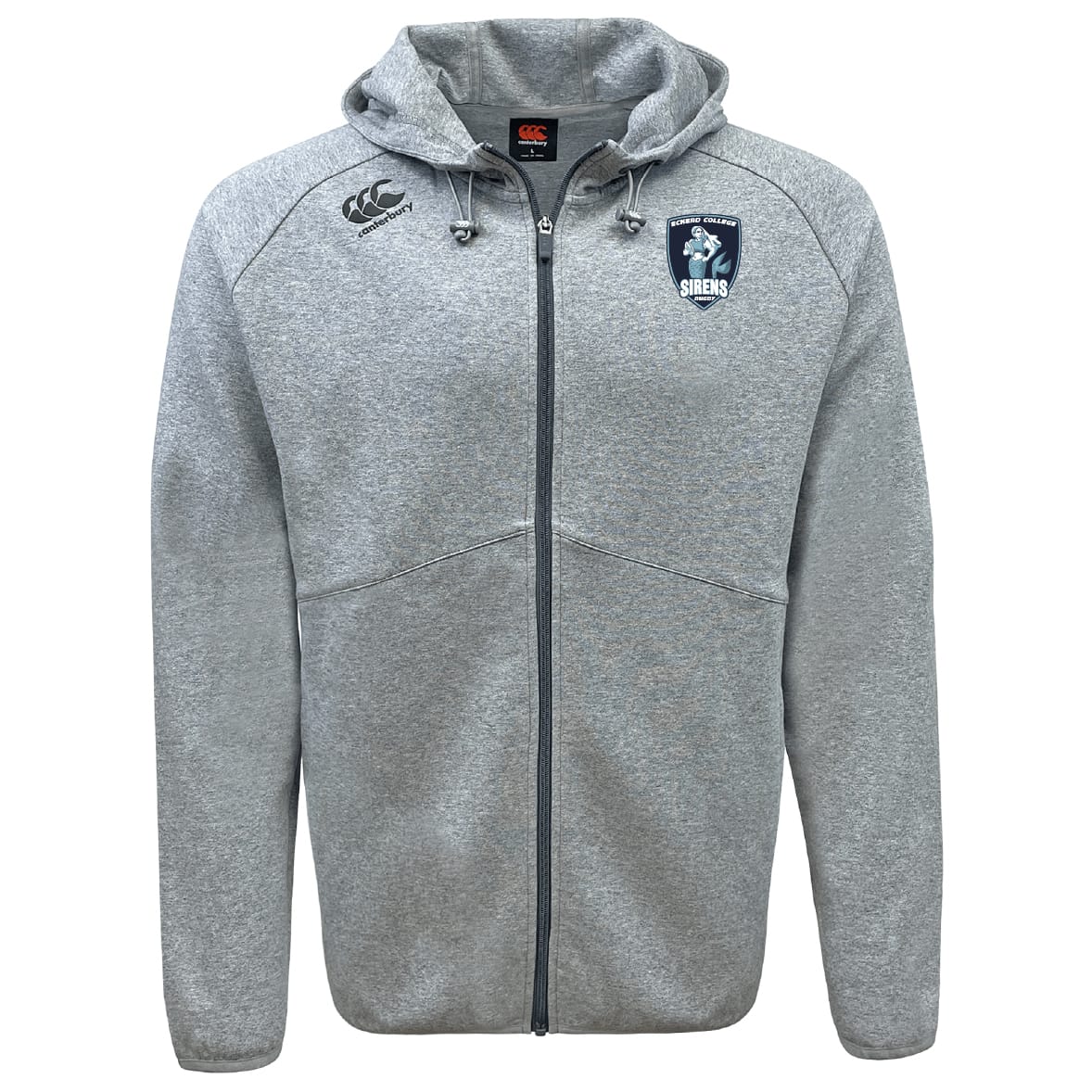 Light grey Eckerd College Tempo VapoDri Full-Zip Hoodie by EMB Canterbury with a drawstring hood, Canterbury logo on the right chest, Sibers crest on the left, and advanced moisture wicking for all-day comfort.