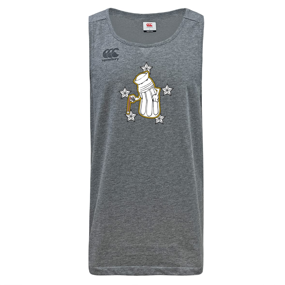 The WRS Canterbury Five Star Rugby Tempo Vapodri Singlet is a gray, sleeveless athletic shirt featuring a white-gloved hand with a magnifying glass and five stars, made from recycled polyester for eco-friendly comfort.