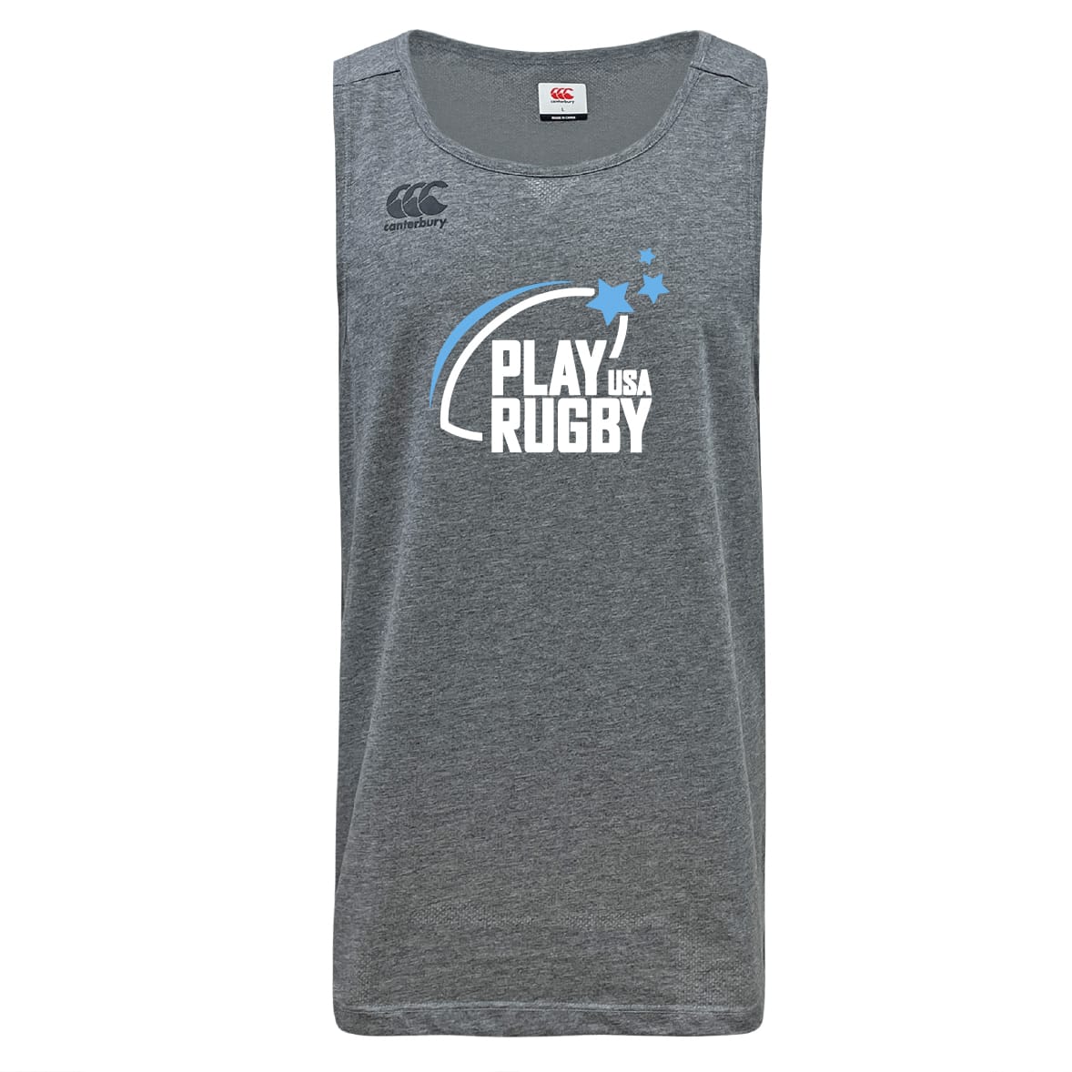 The Play Rugby USA Tempo Vapodri Singlet by WRS Canterbury is a gray sleeveless top with "PLAY RUGBY USA" and blue swoosh on the front, Canterbury logo on the left shoulder, made from recycled polyester with moisture-wicking VapoDri tech.