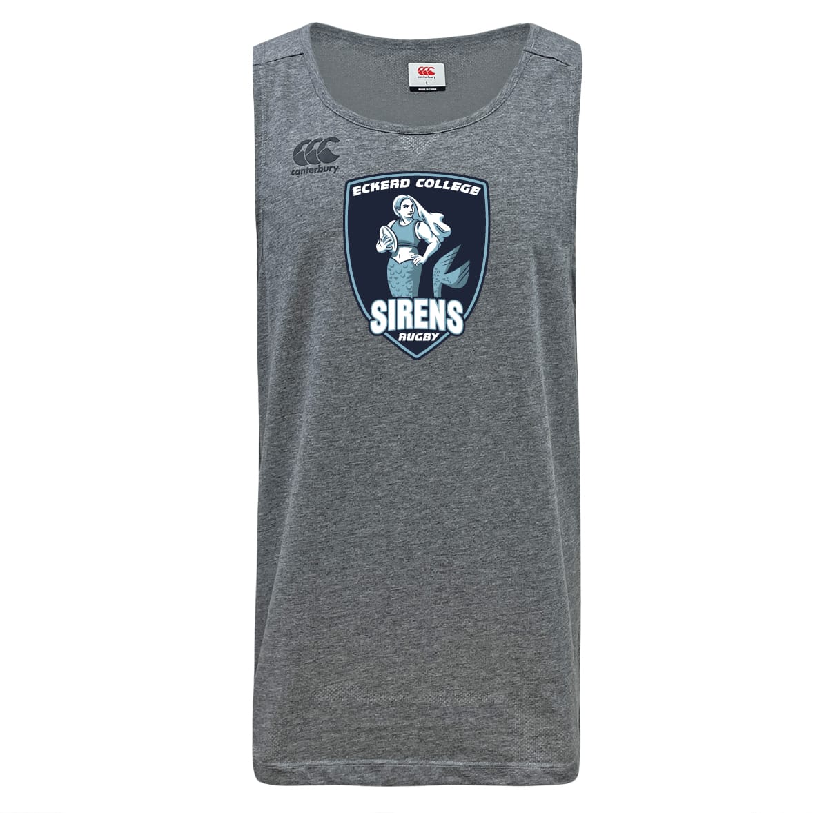 A grey Eckerd College Tempo Vapodri Singlet by WRS Canterbury, made from recycled polyester for comfort and performance, features a sleeveless design and the "SCHS SIRENS RUGBY" logo with a mermaid holding a rugby ball on the front.