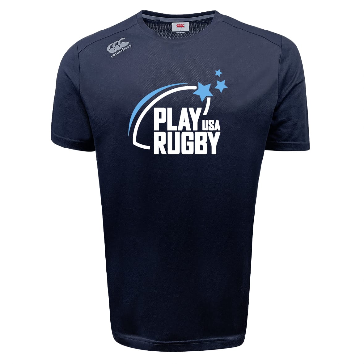 The WRS Canterbury Play Rugby USA Tempo Vapodri T-Shirt features "PLAY USA RUGBY" text, three stars, a swoosh graphic on the front, moisture-wicking fabric, and the Canterbury logo on the right shoulder.