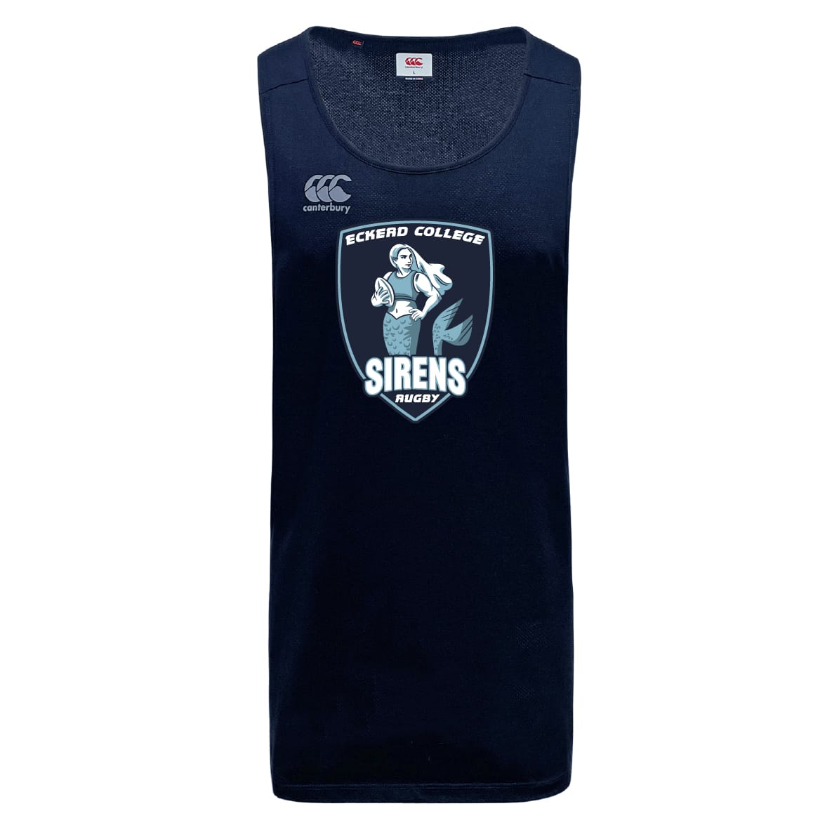 The WRS Canterbury Eckerd College Tempo Vapodri Singlet is a navy blue, sleeveless athletic jersey made from recycled polyester, featuring a front "Eckerd College Sirens Rugby" mermaid logo with rugby ball.