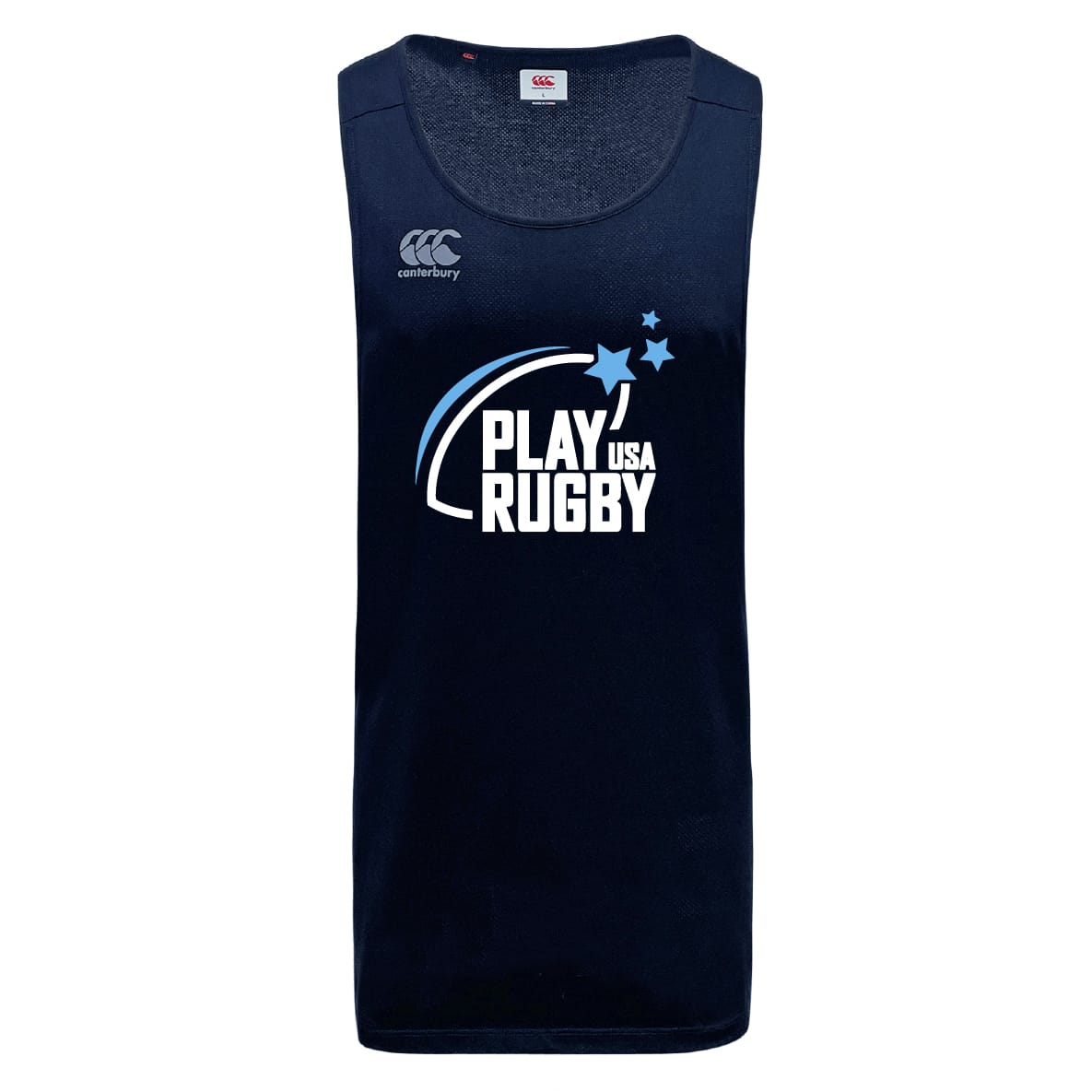 The WRS Canterbury Play Rugby USA Tempo Vapodri Singlet is a navy tank top with "Play Rugby USA" and three stars printed in white, Canterbury logo on the chest, and made from recycled polyester with VapoDri tech for comfort.