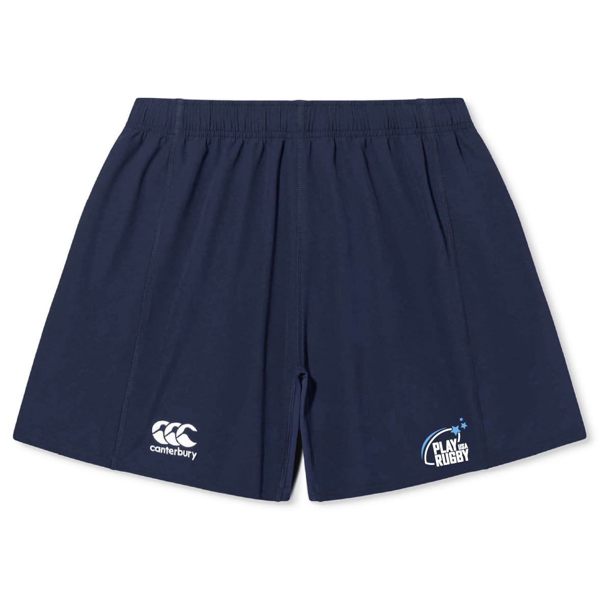 The Play Rugby USA Yokohama Short by Canterbury from EMB Canterbury features navy blue fabric, an elastic waistband, and front logos—ideal classic rugby shorts for training or casual wear.