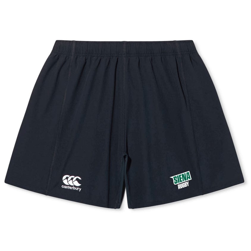 The Siena College Yokohama Short by EMB Canterbury is black with an embroidered Siena Rugby logo and a Canterbury logo at the bottom, featuring a silicone gripper for enhanced comfort and fit.