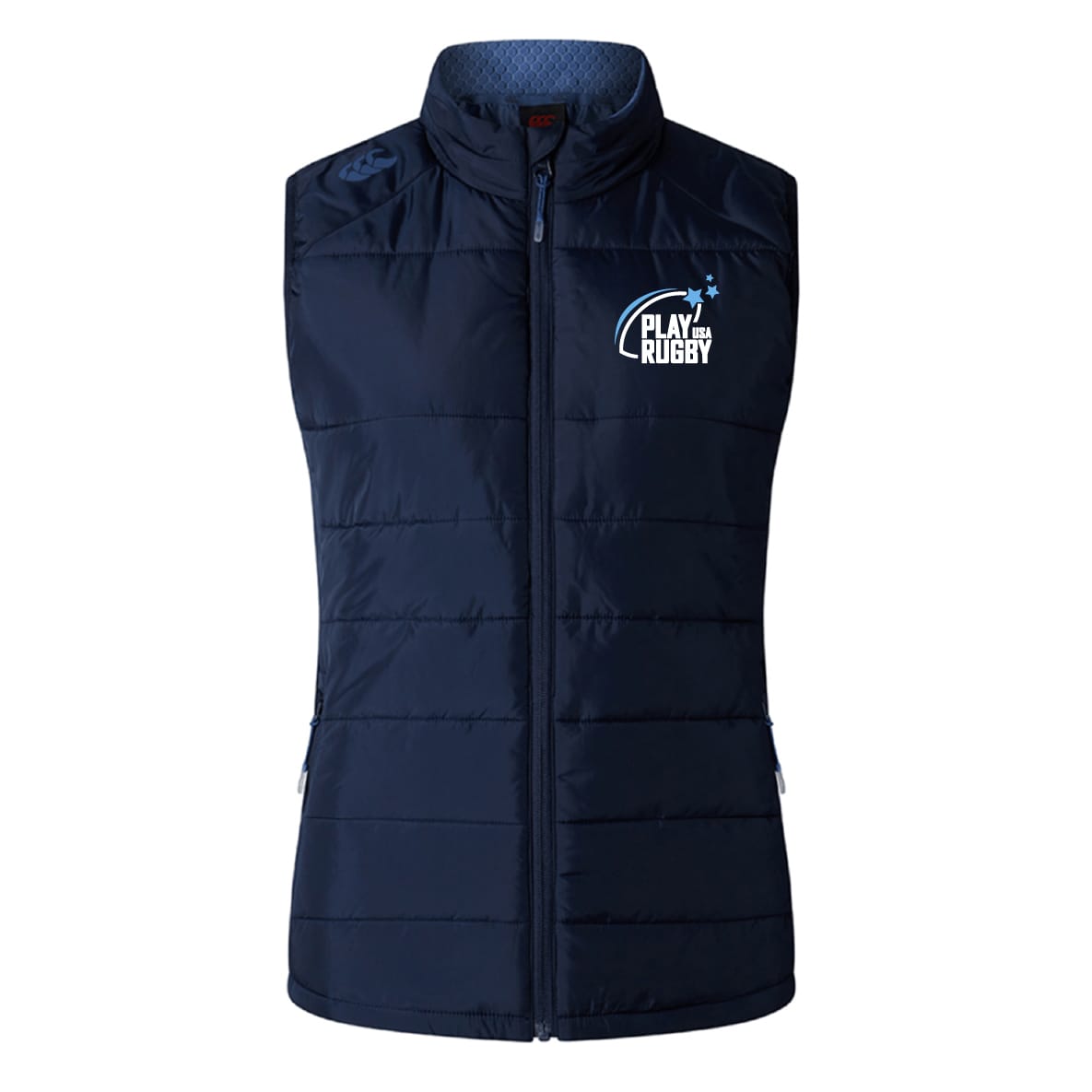 The EMB Canterbury Play Rugby USA Women's Elite Microlite Gilet features a "Play Rugby" chest logo, high collar, and Thermoreg bonded fleece—making this navy insulated vest perfect for chilly days.