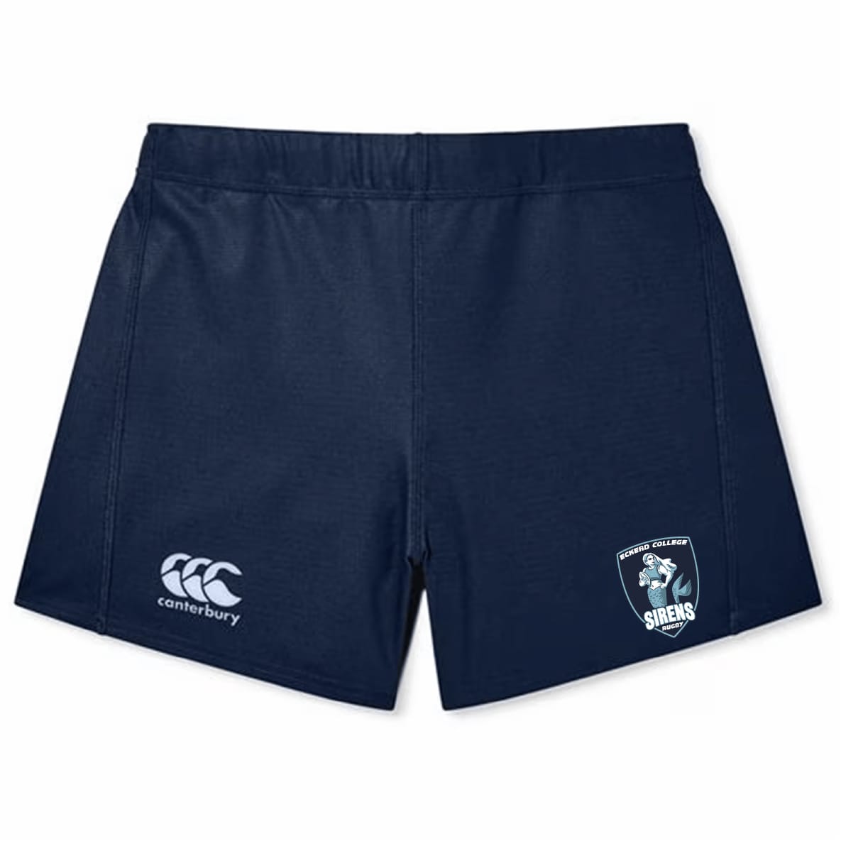 The Eckerd College Women's Yokohama Short by EMB Canterbury features a navy design with a white Canterbury logo and shield emblem, ideal as women’s rugby shorts or for fans of the Yokohama style.