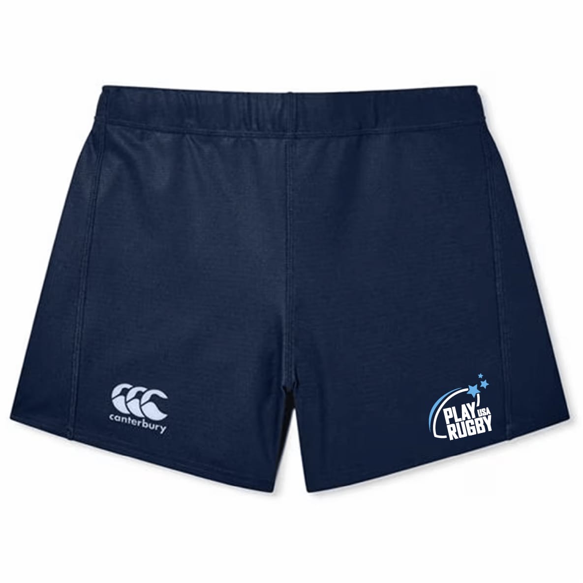 The Play Rugby USA Women's Elite Woven Short by EMB Canterbury features navy blue fabric, a left-leg Canterbury logo, "Play Rugby" text with a star on the right, zippered pockets, and is ideal for women's gym sessions.