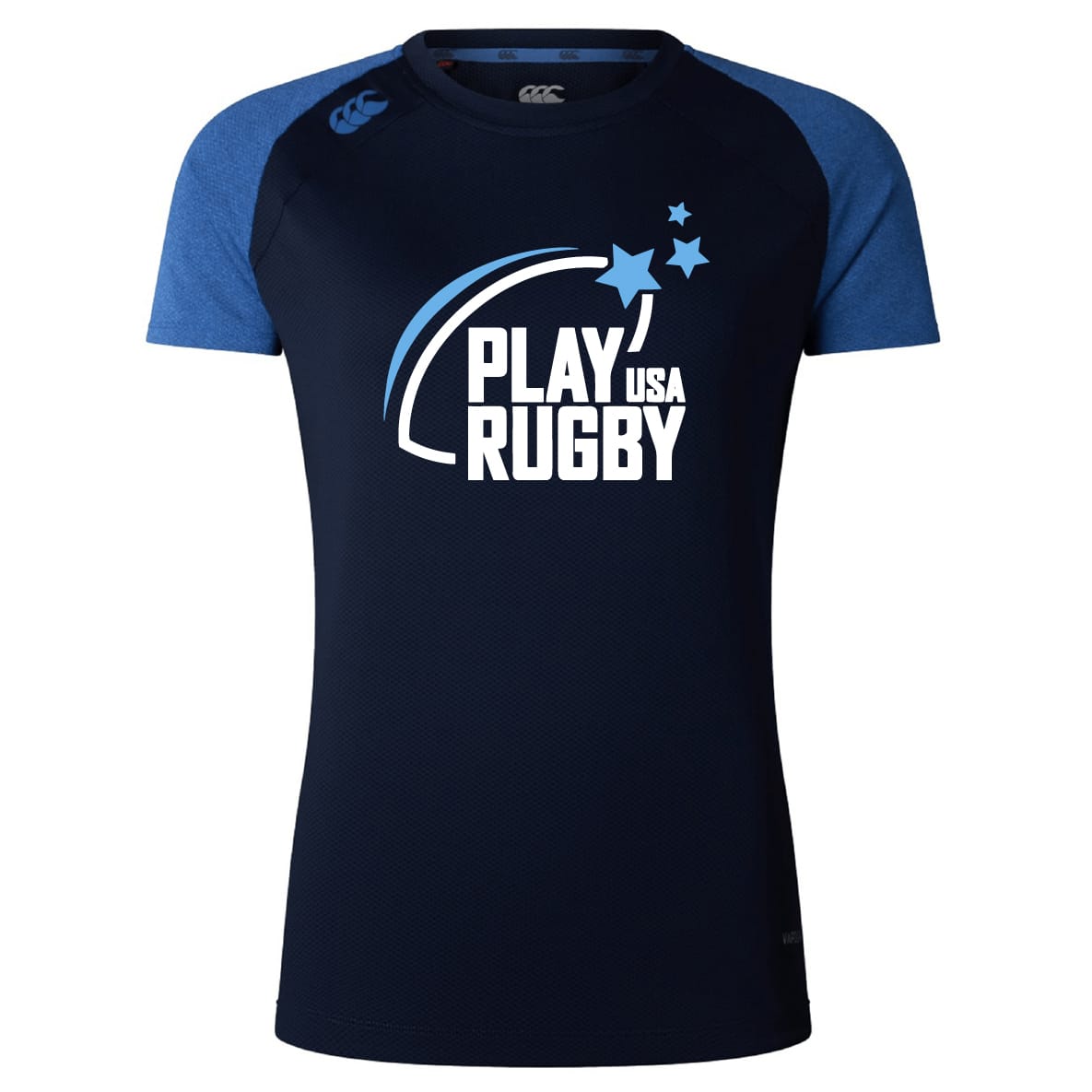 The Play Rugby USA Women's Elite Training Tee by WRS Canterbury features "Play USA Rugby" with star graphics. This navy and royal blue top is lightweight, breathable, and perfect for any workout or training session.