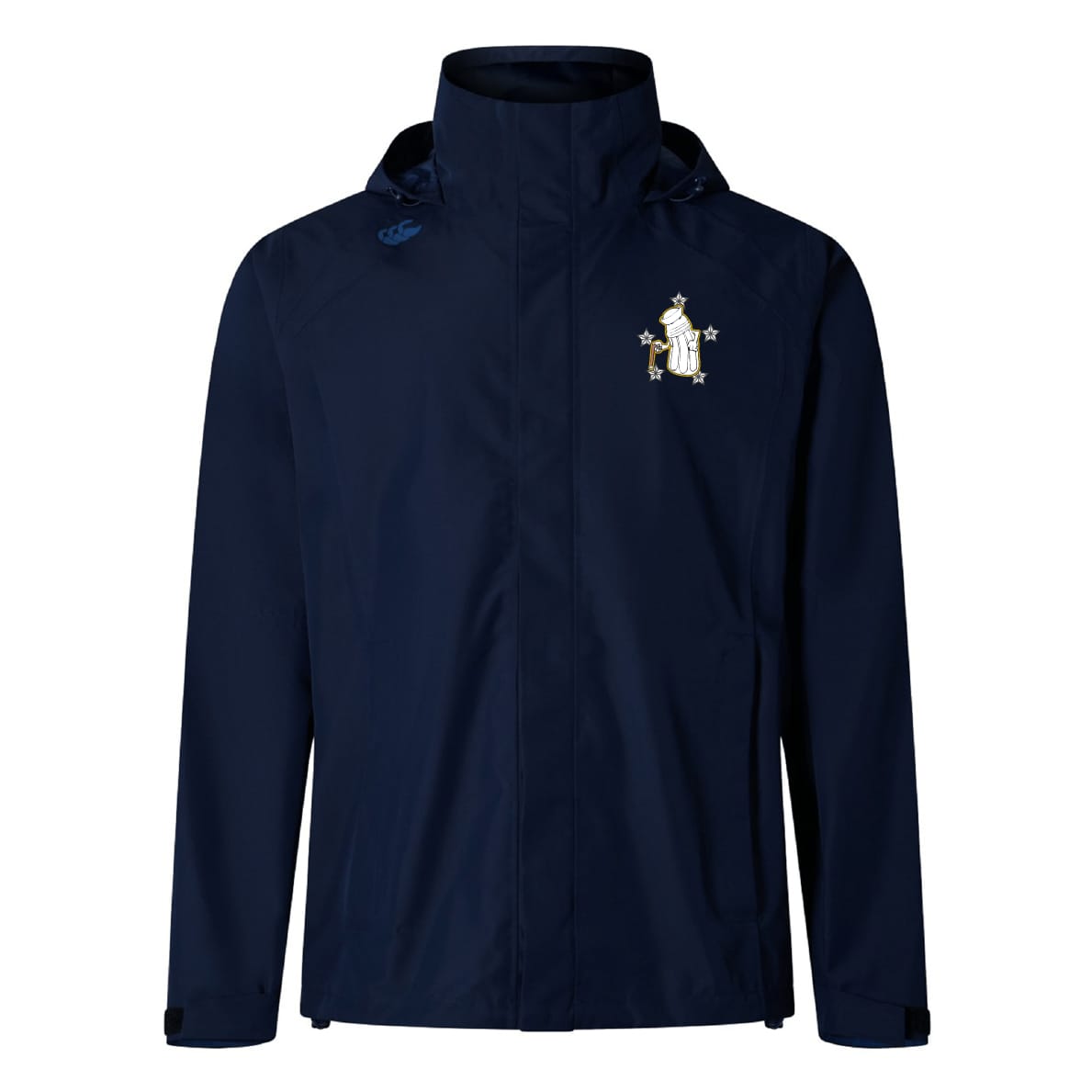 The Five Star Rugby Elite Storm Jacket by EMB Canterbury is a navy waterproof jacket with an embroidered bird and soccer ball crest on the left chest and a small blue logo on the right shoulder.