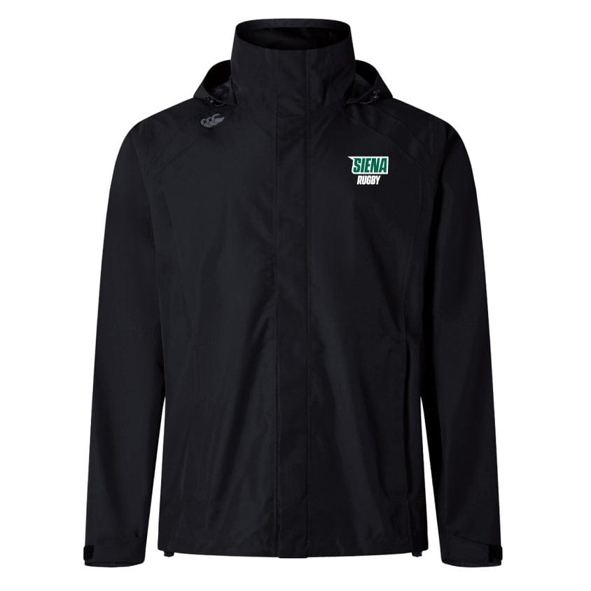 The Black Siena College Elite Storm Jacket by EMB Canterbury features a hood and a small "Siena Rugby" logo in green and white on the left chest.