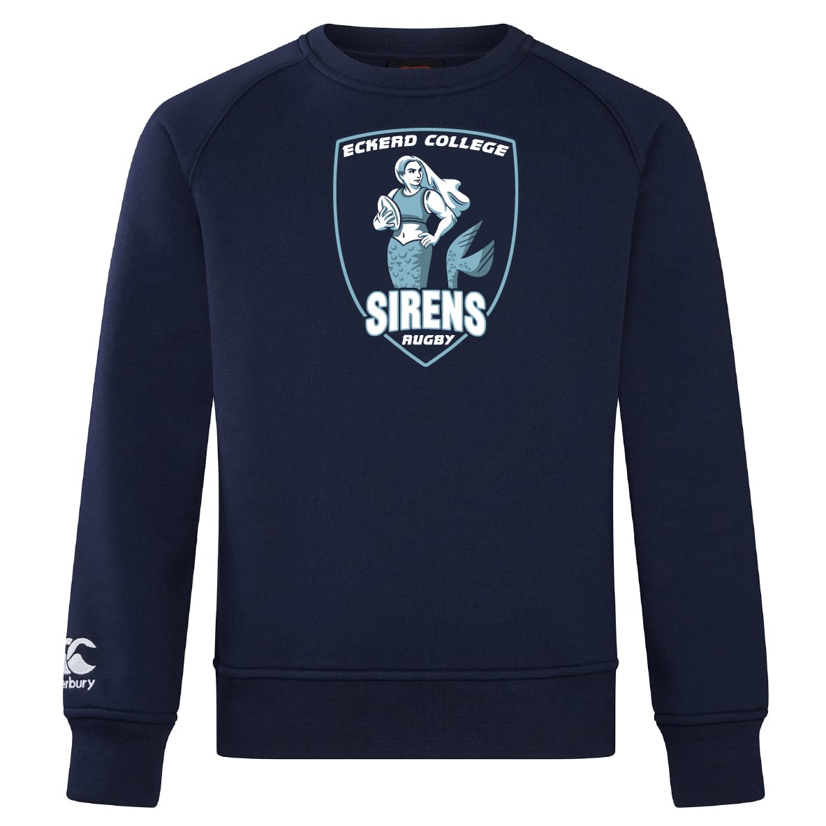 The Eckerd College Club Crew Sweatshirt by Canterbury in navy blue features the Sirens Rugby team logo and an embroidered CCC logo on the sleeve. Brand: WRS Canterbury.