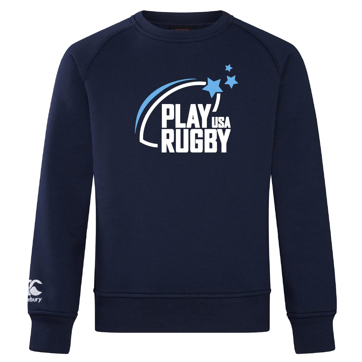 The Play Rugby USA Club Crew Sweatshirt by Canterbury (WRS Canterbury) is a navy blue sweatshirt featuring "PLAY USA RUGBY" with three blue stars on the front, an ultra-soft feel, and a white embroidered CCC logo on the left sleeve.