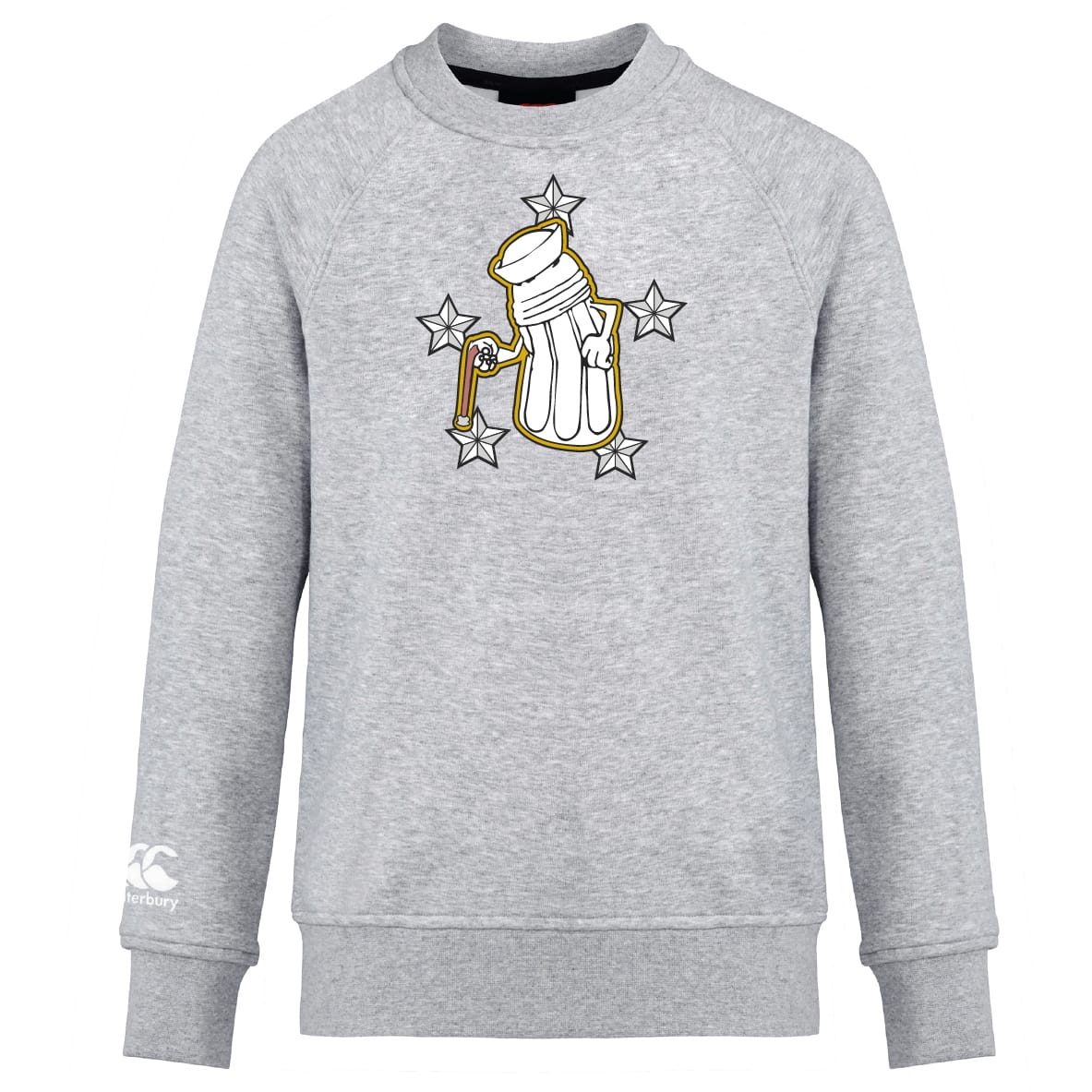 The Five Star Rugby Club Crew Sweatshirt by WRS Canterbury is a grey ultra-soft sweatshirt featuring a gold-outlined golf bag graphic with clubs, four stars, and an embroidered CCC logo on the left sleeve.