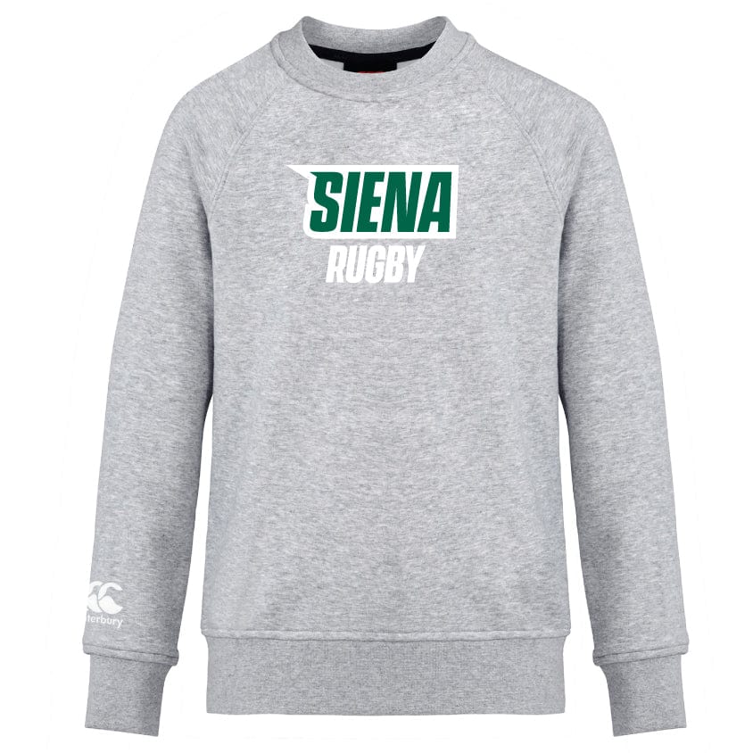The Siena College Club Crew Sweatshirt by WRS Canterbury features "Siena Rugby" in green and white, with an embroidered CCC logo on the left sleeve. Its ultra-soft fabric guarantees maximum comfort.