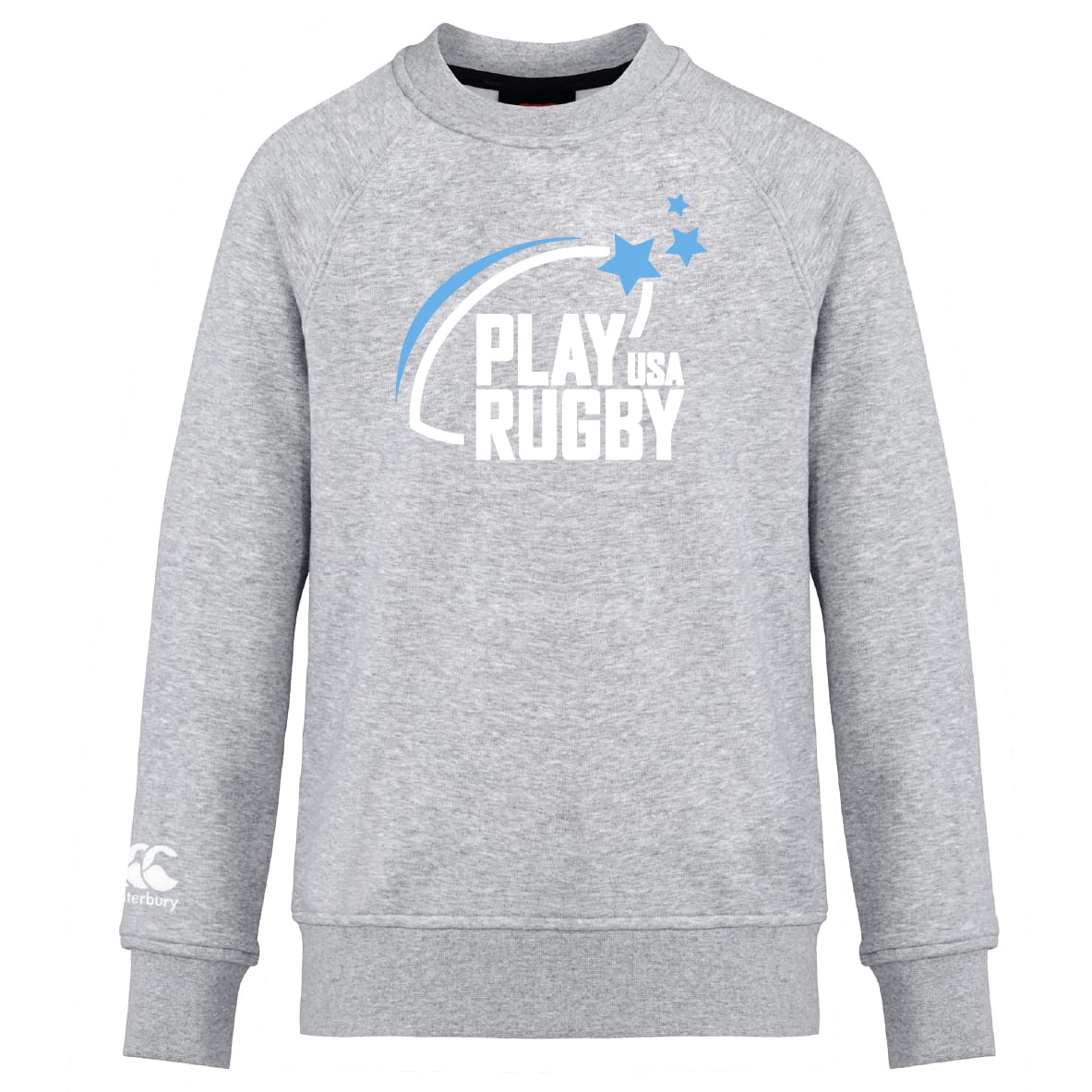 The Play Rugby USA Club Crew Sweatshirt by WRS Canterbury features "PLAY RUGBY USA" text, blue stars, a swoosh graphic, ultra soft fabric, and an embroidered CCC logo on the front for added style.