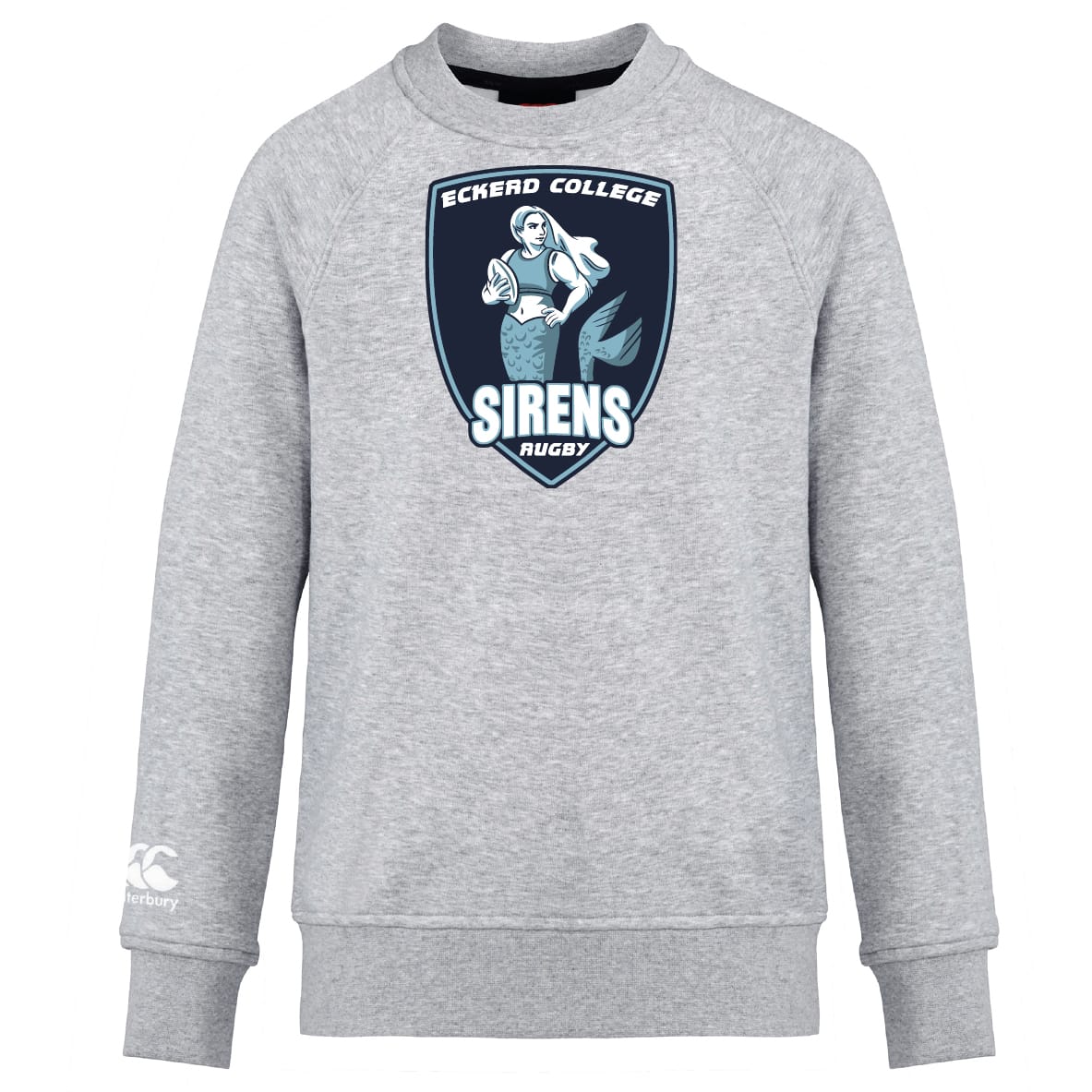 The Eckerd College Club Crew Sweatshirt by Canterbury from WRS Canterbury is a light grey, ultra-soft sweatshirt featuring the "Eckerd College Sirens Rugby" logo with a mermaid and ball on the front plus an embroidered CCC logo.