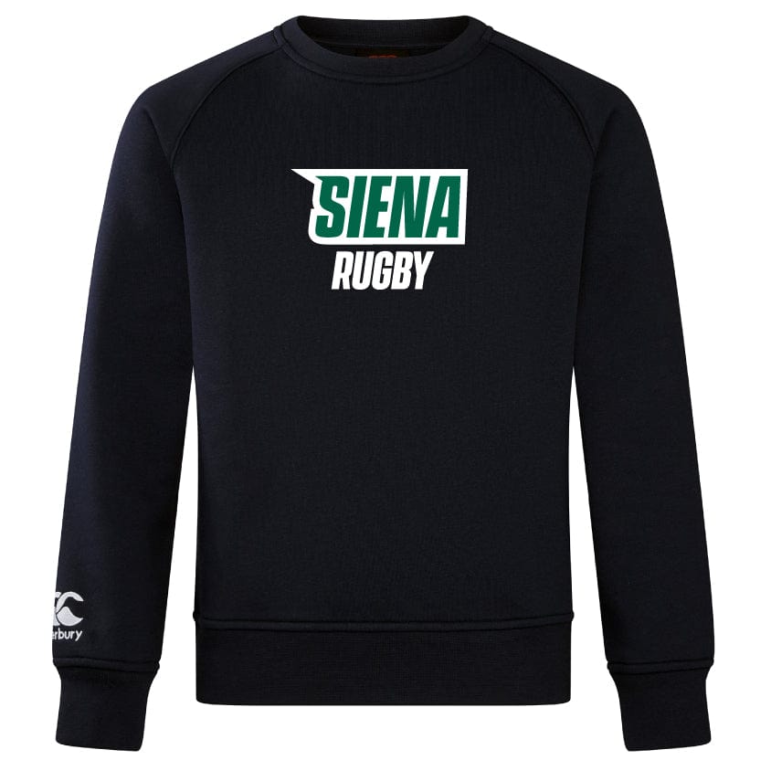 The Siena College Club Crew Sweatshirt by Canterbury is a black, ultra-soft piece featuring "Siena Rugby" in white and green on the front. The WRS Canterbury logo is embroidered on the left sleeve for authentic detailing.