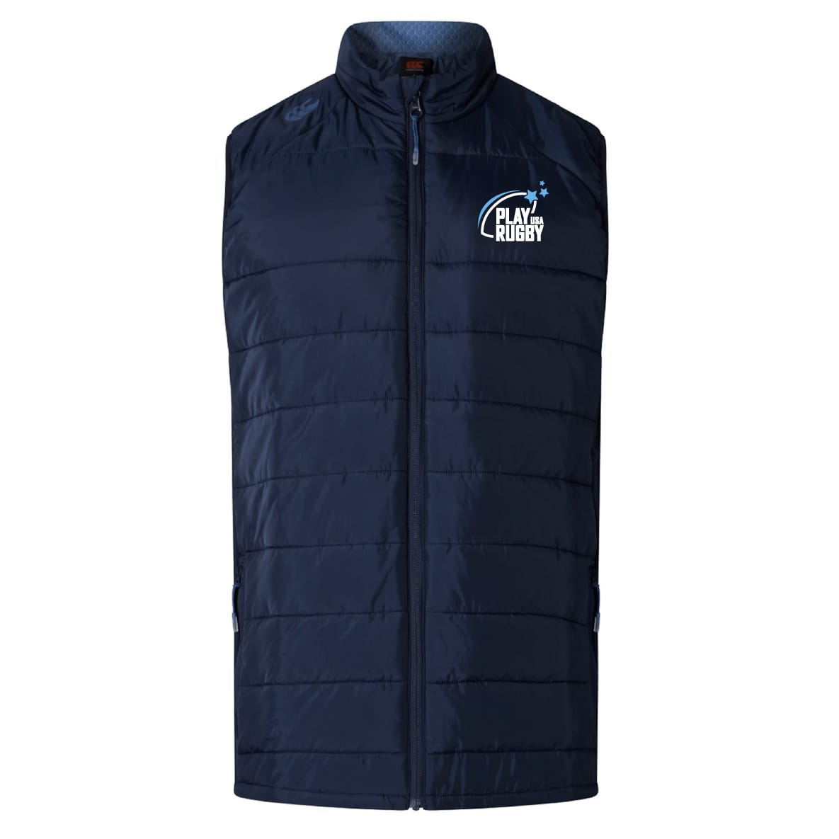 The Play Rugby USA Elite Microlite Gilet by EMB Canterbury is a navy blue, sleeveless, zip-up gilet with the "Play Rugby" logo on the left chest, offering lightweight insulation and warmth.