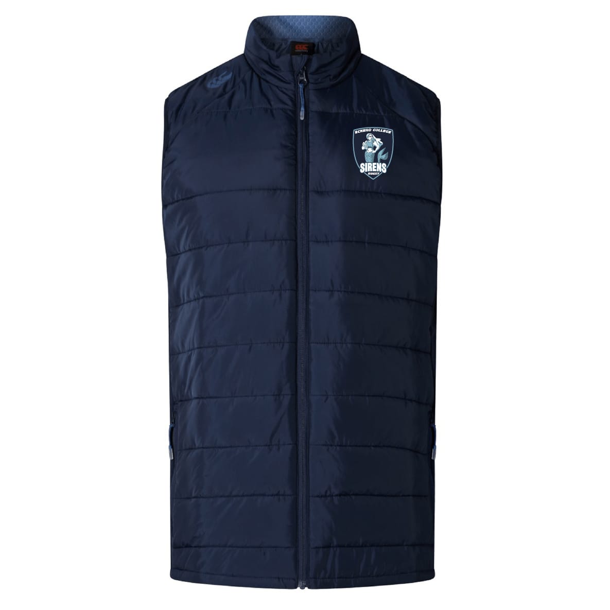 The Eckerd College Elite Microlite Gilet by EMB Canterbury is a navy blue sleeveless padded vest with insulated baffles, full front zipper, and Sirens sports team crest on the upper left chest.