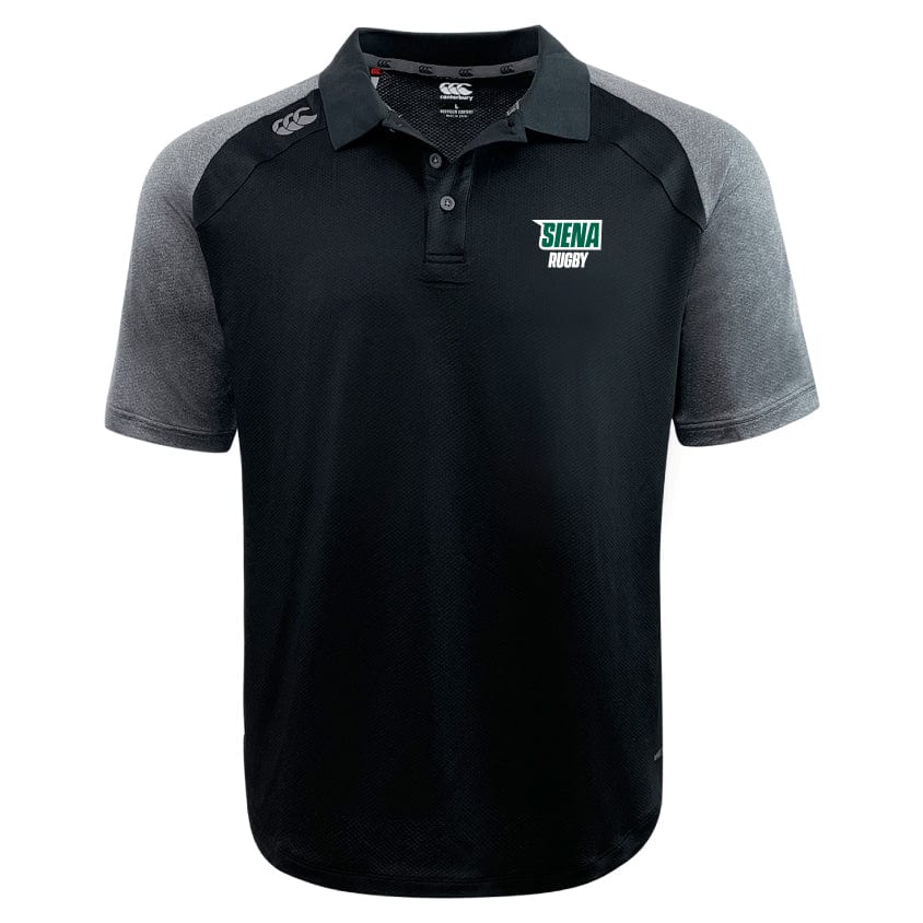 The EMB Canterbury Siena College Elite Polo has a black and gray design with the "Siena Rugby" logo on the left chest. Made with Vapodri fabrics, it's lightweight and durable, offering comfort and performance on or off the field.