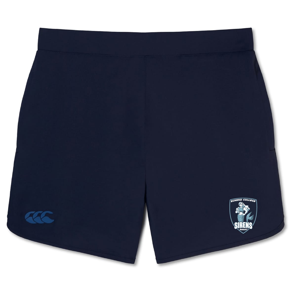Navy blue athletic shorts made from lightweight, moisture-wicking fabric feature the Sirens team logo and Canterbury branding—ideal to pair with your Eckerd College Women's Elite Training Tee by WRS Canterbury.
