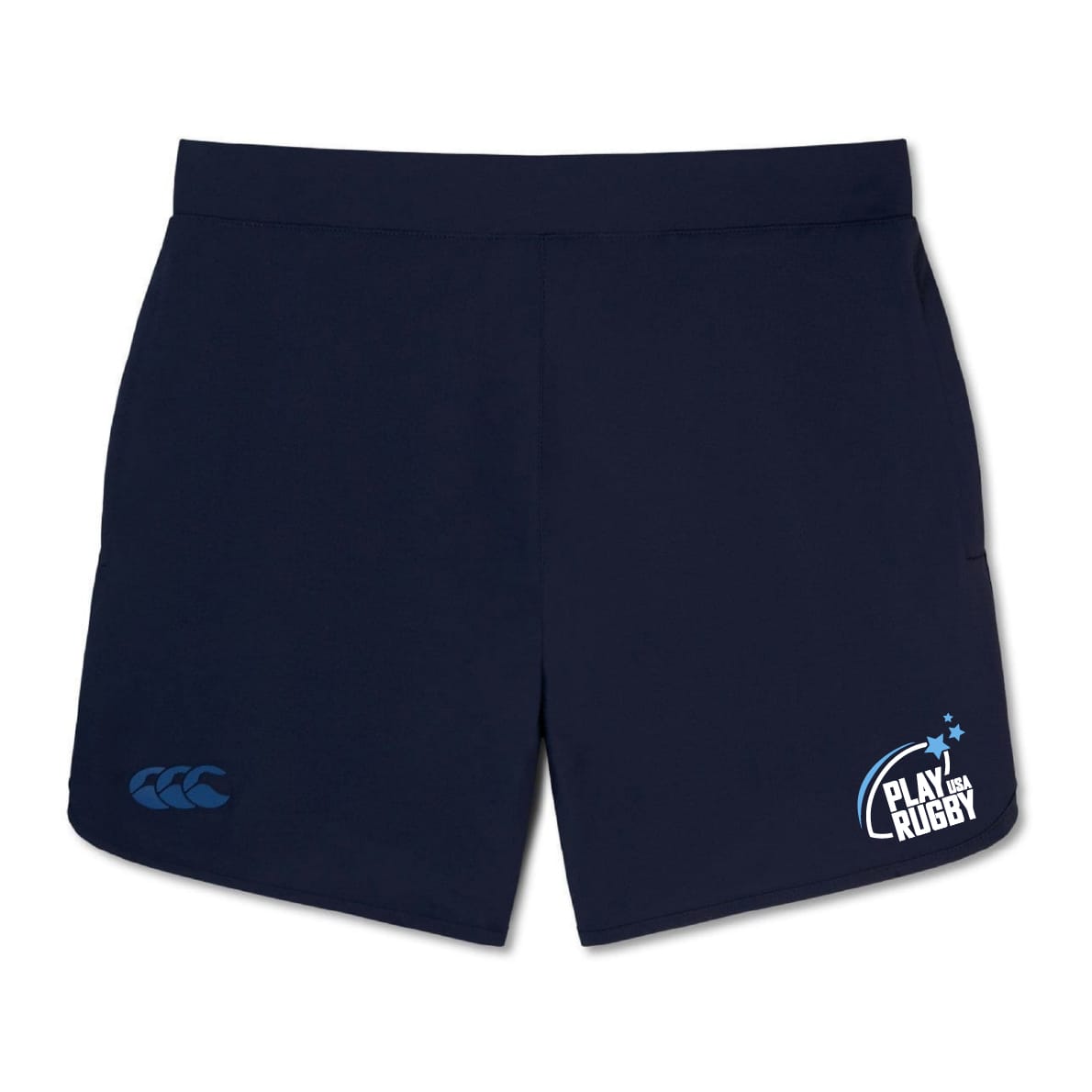 The Play Rugby USA Elite Woven Short by EMB Canterbury in navy features the logo on the left leg and a bold "Play Rugby" graphic on the right, making them ideal for training or workouts.