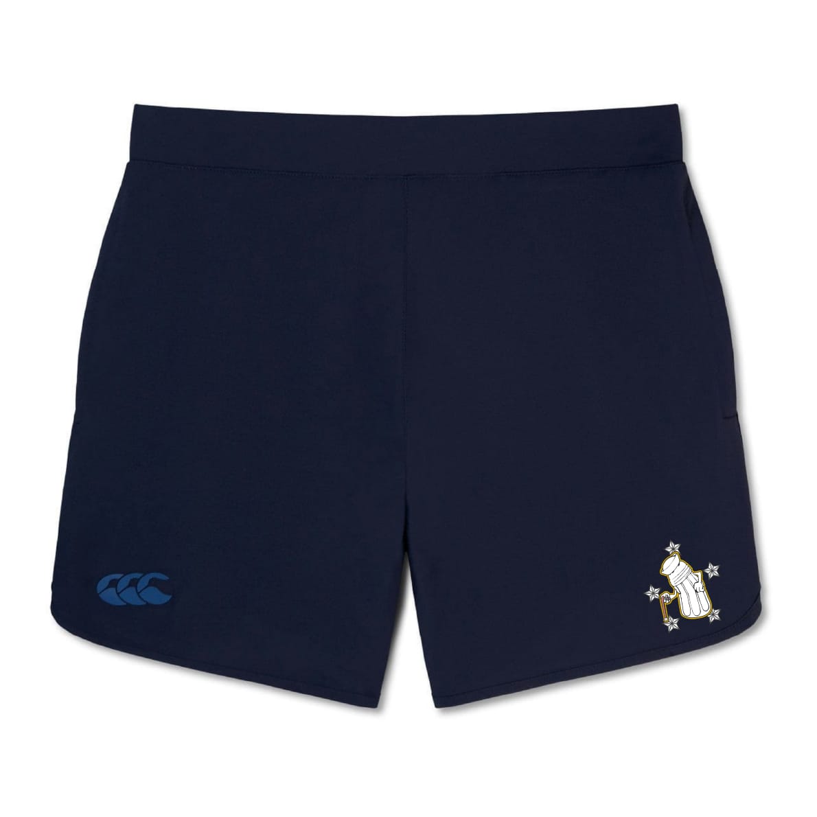 The EMB Canterbury Five Star Rugby Elite Woven Short features a navy design, logo on the left, and crest with building and stars on the right—ideal as a training or gym short for your next workout.