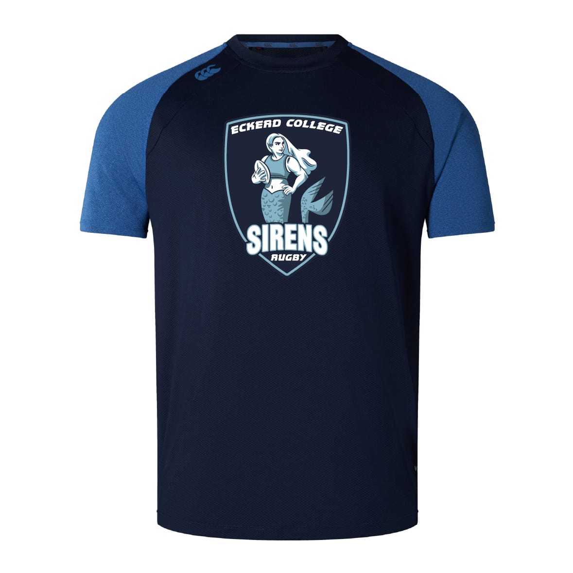 The Eckerd College Elite Training Tee by WRS Canterbury features the Sirens Rugby logo with a mermaid holding a rugby ball, navy body with blue sleeves, and is made from lightweight, durable Vapodri fabric for elite comfort and performance.