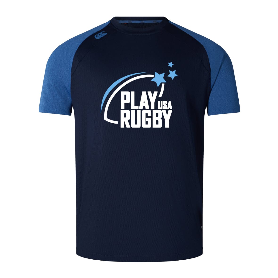 The Play Rugby USA Elite Training Tee by WRS Canterbury features navy and light blue Vapodri fabric, a "Play Rugby USA" logo with three stars, and echoes the Canterbury Elite Training Tee style for lightweight durability.