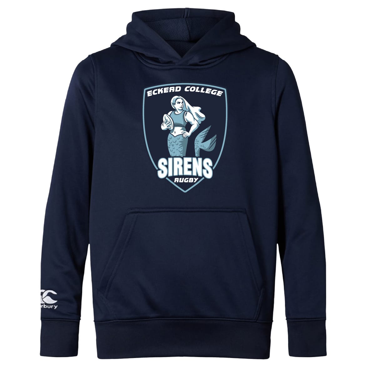 The WRS Canterbury Eckerd College Club Lightweight Hoodie features a navy design with the Sirens Rugby mermaid logo holding a rugby ball on the front and includes a convenient kangaroo pocket.
