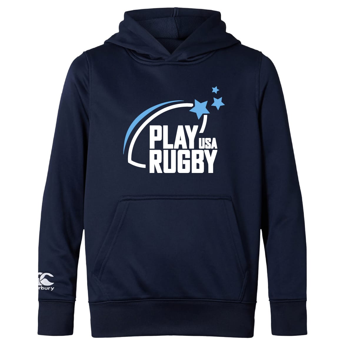 The Play Rugby USA Club Lightweight Hoodie by WRS Canterbury is a navy hoodie featuring "PLAY USA RUGBY" with three stars on the front, a kangaroo pocket, and a small Canterbury logo on the sleeve.