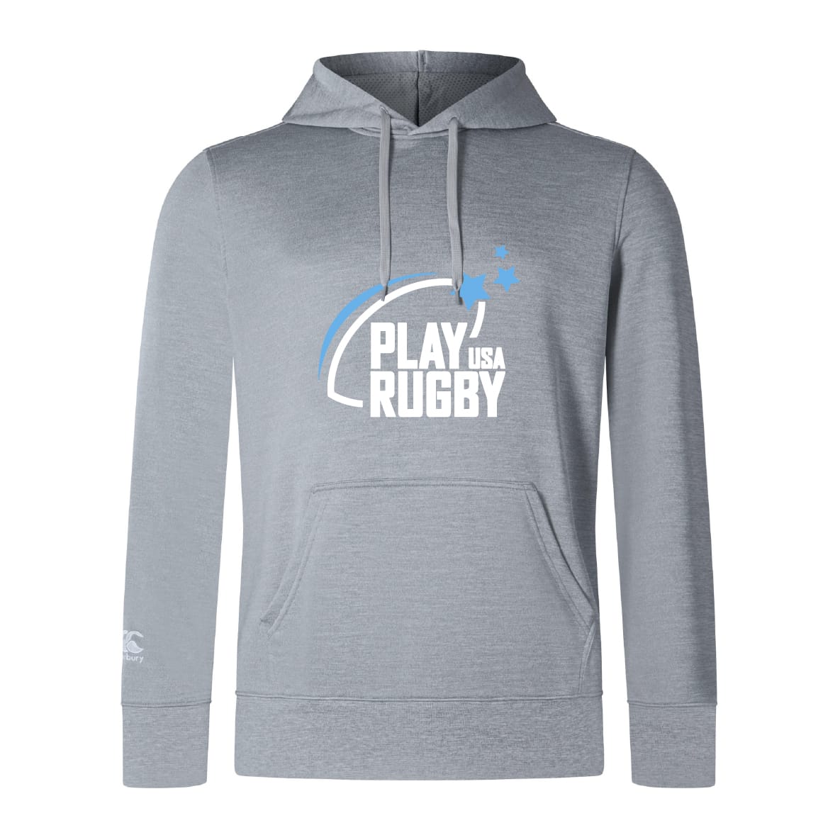 The Play Rugby USA Club Lightweight Hoodie by WRS Canterbury features "PLAY USA RUGBY" and a rugby ball graphic in white and blue, with a kangaroo pocket. Ideal for Canterbury Club fans seeking comfort and style.