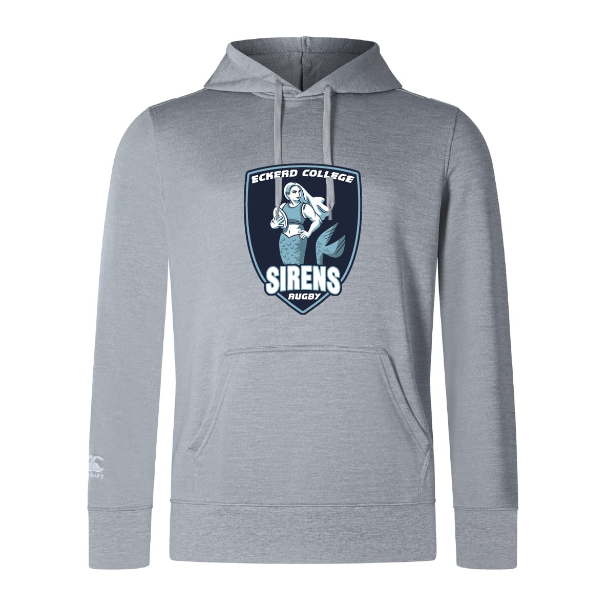 The Eckerd College Club Lightweight Hoodie by Canterbury from WRS Canterbury features a light gray design, kangaroo pocket, and Sirens Rugby logo with a mermaid holding a rugby ball on the front.