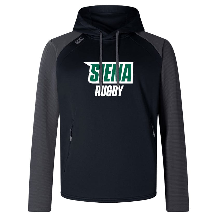 The black and gray Siena College Elite Training Hoody by WRS Canterbury has "Siena Rugby" in white and green on the front, made from eco-friendly materials for performance comfort.