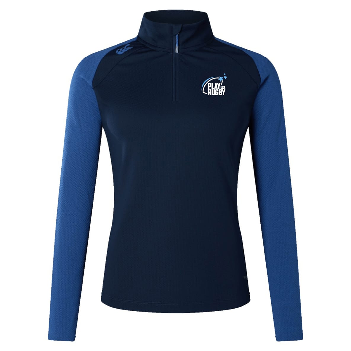 The Play Rugby USA Women's Elite First Layer by EMB Canterbury is a navy and blue long-sleeve pullover with VapoDri technology, a quarter-zip, "Play Rugby" chest logo, and a small EMB Canterbury logo on the shoulder.