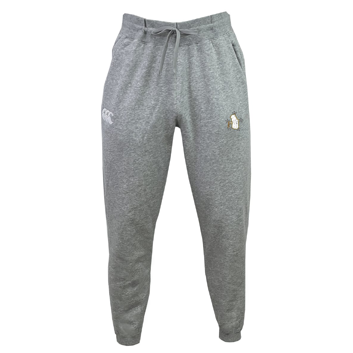 The Five Star Rugby Leisure Sweatpant by EMB Canterbury features a drawstring waist, small white logo on the left hip, and an embroidered penguin on the right thigh.