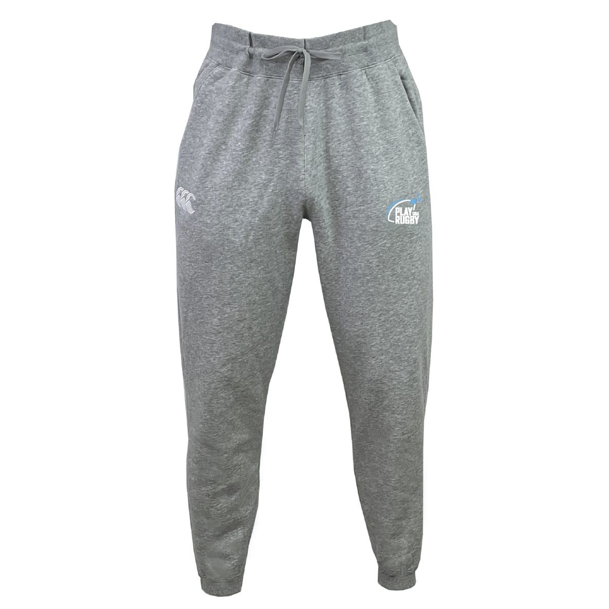 The Play Rugby USA Leisure Sweatpant by EMB Canterbury features gray organic cotton, an elastic waistband with drawstring, and two white thigh logos, shown front-facing on a white background.