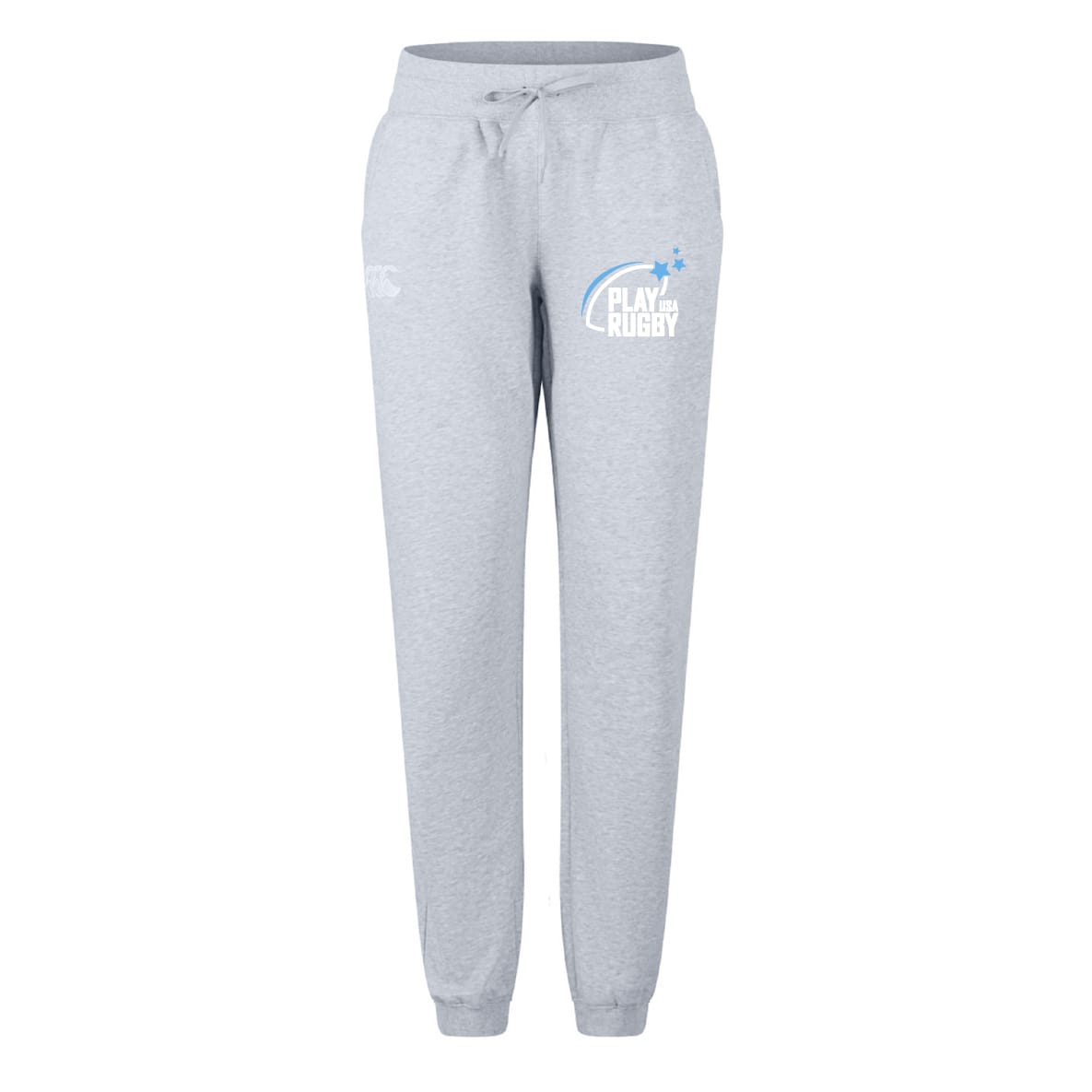 The Play Rugby USA Women's Leisure Sweatpant by EMB Canterbury features a light grey color, drawstring waist, ribbed cuffs, and "PLAY RUGBY" logo with blue stars—ideal for relaxing or stylish rugby training.