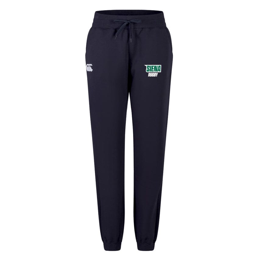 The Siena College Women's Leisure Sweatpant by EMB Canterbury features recycled polyester, a drawstring waist, and elastic cuffs. It showcases "Siena Rugby" alongside the brand logo on the front.
