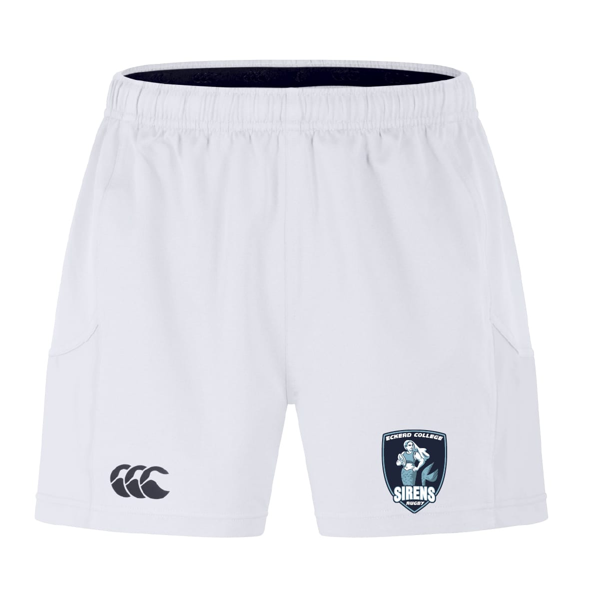 The EMB Canterbury Eckerd College Advantage Short 2.0 features an elastic waistband, Sirens team logo on the right leg, and Canterbury logo on the left—ideal for sustainable sportswear enthusiasts.