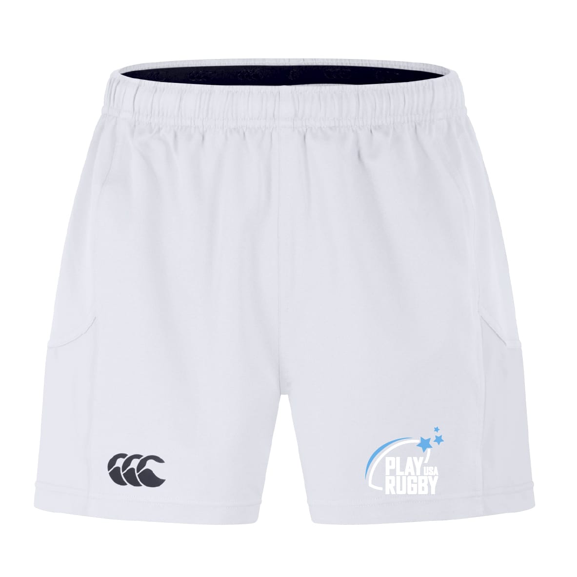 The Play Rugby USA Advantage Short 2.0 by EMB Canterbury features an elastic waistband, side pockets, black Canterbury logo on the left, and a blue "Play Rugby USA" logo with stars on the right leg. Made from recycled materials.