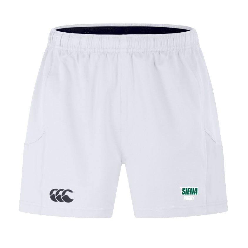 Siena College Advantage Short 2.0 by EMB Canterbury: White sports shorts with elastic waistband for ultimate performance, featuring a black Canterbury logo and green "Siena Rugby" text on the front, offering a sustainable choice for athletes.