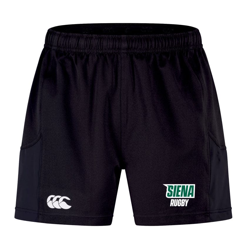 Experience peak performance with the Siena College Advantage Short 2.0 by EMB Canterbury, featuring the "Siena Rugby" logo on the right and a Canterbury logo on the left. These shorts offer durability, style, and sustainability in athletic wear.